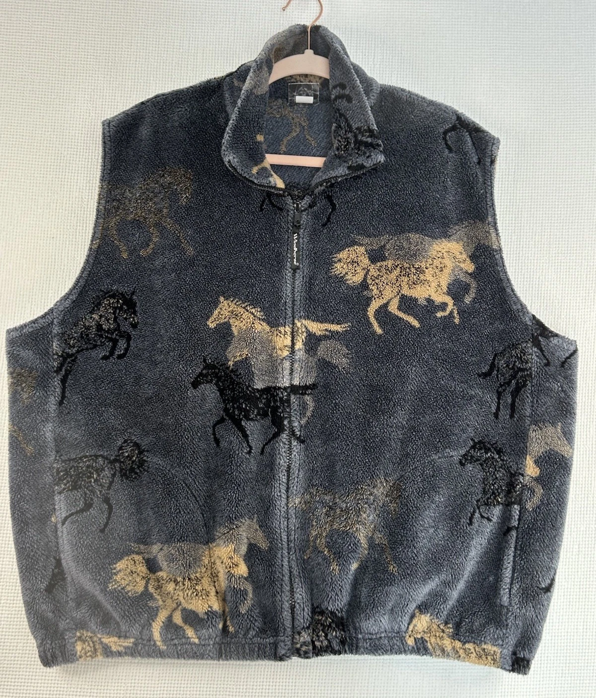 Windhorse Vintage XL Full-Zip Fleece Vest Western Horses Gray USA ‘80s Pockets