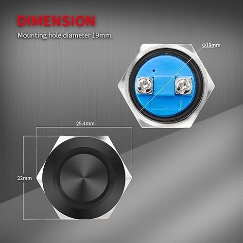 2pz Interruttore Pulsante Corno Momentaneo 12V Nero Metallo Impermeabile 19Mm NUOVO Strumento - Foto 6 di 7