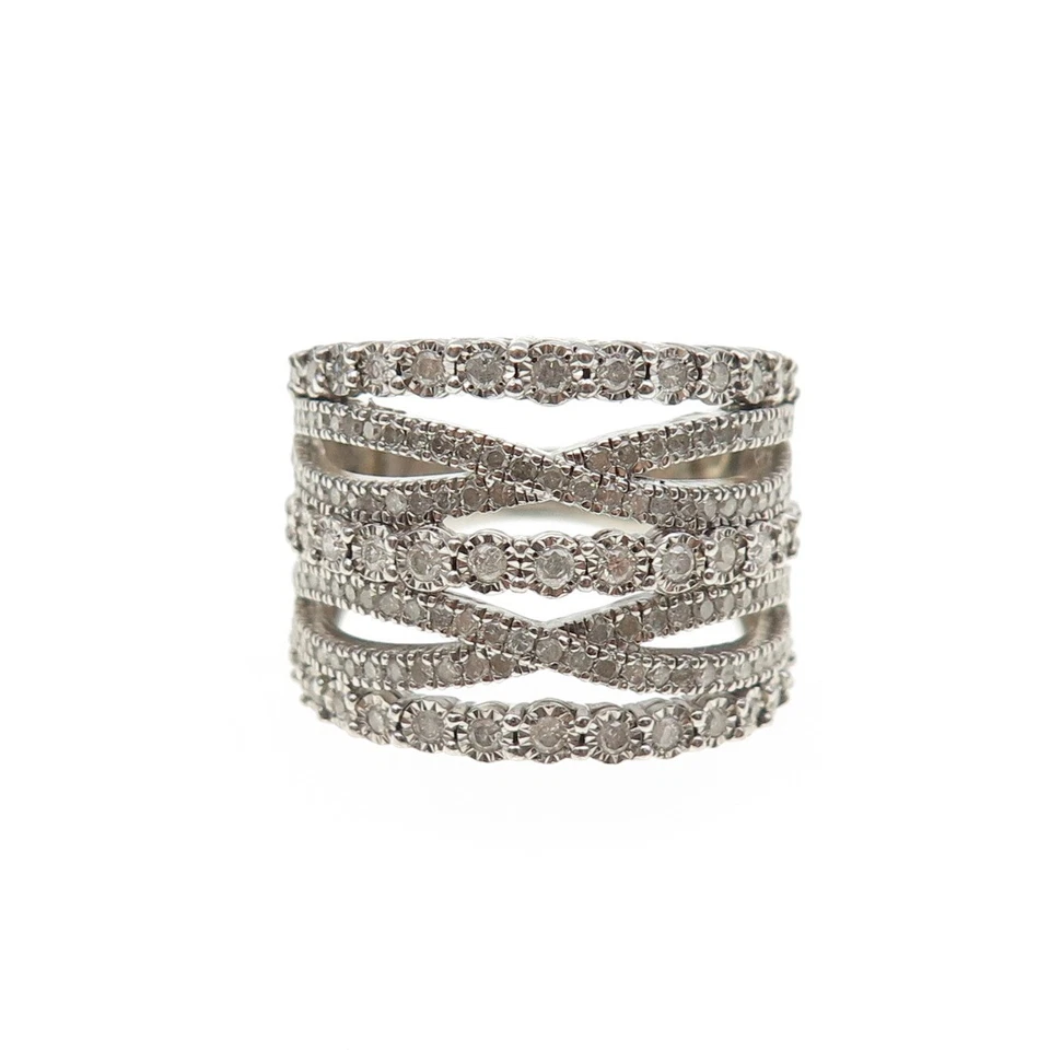 Anillo entrecruzado de diamantes de corte redondo real de plata de ley 925 talla 7 Foto 3 de 4