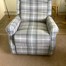 Grey Check/Plaid Upholstered Recliner Armchair, Padded Seat, With Arms