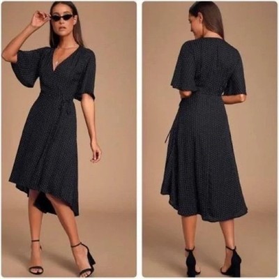 LULUS Farah Wrap Dress Size M Black Pindot Triangle Print High low hem Midi 