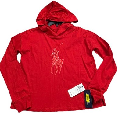 Ralph Lauren Big Girls Red Pony Jersey Hooded Long Sleeve Pullover L 12-14