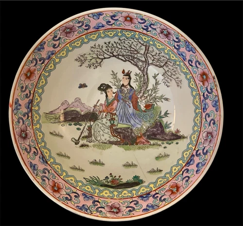 Mid 20th Century Famille Rose Large Chinese Macau Hand Painted Bowl 4 characters