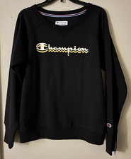 Champion Powerblend Women's Black Crew Neck Pullover Logo Fleece Sweatshirt S
