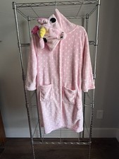 Girls Pink/White Unicorn Polka Dot Hooded Fleece Robe Belted Tie 8-9Y