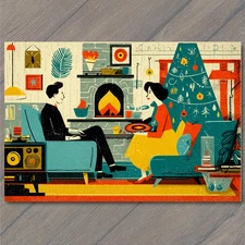 POSTCARD Midcentury Christmas Lounge Fireplace Music Vinyl Tree Retro Couple