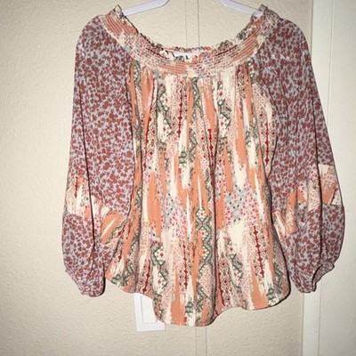Oon Femme Multicolor Floral Smocked Ruffle Off-Shoulder Long Sleeve Blouse S