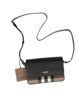 NEW BURBERRY ''NEW HAMPSHIRE'' BLACK CHECK CANVAS LEATHER CROSSBODY SHOULDER BAG