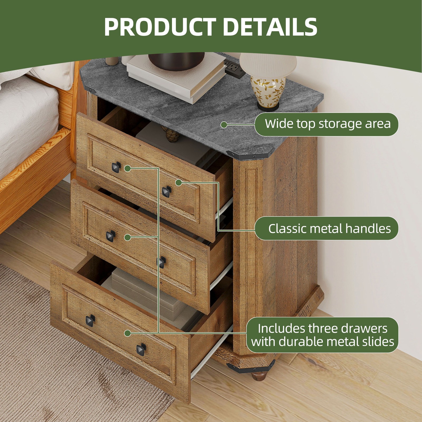 Set of 2 Nightstand with Charging Station Farmhouse Table with 3 Drawers Brown