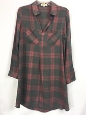 Cloth Stone Womens Small Shirt Dress Gray Mauve Plaid Soft Rayon Blend