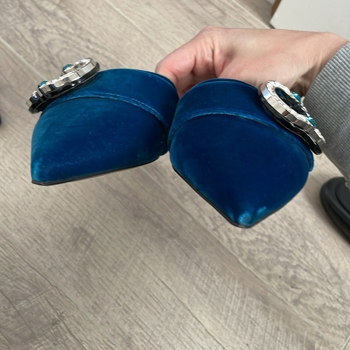 Prada Blue Velvet Pointed Toe Mules with Crystal Embellishments