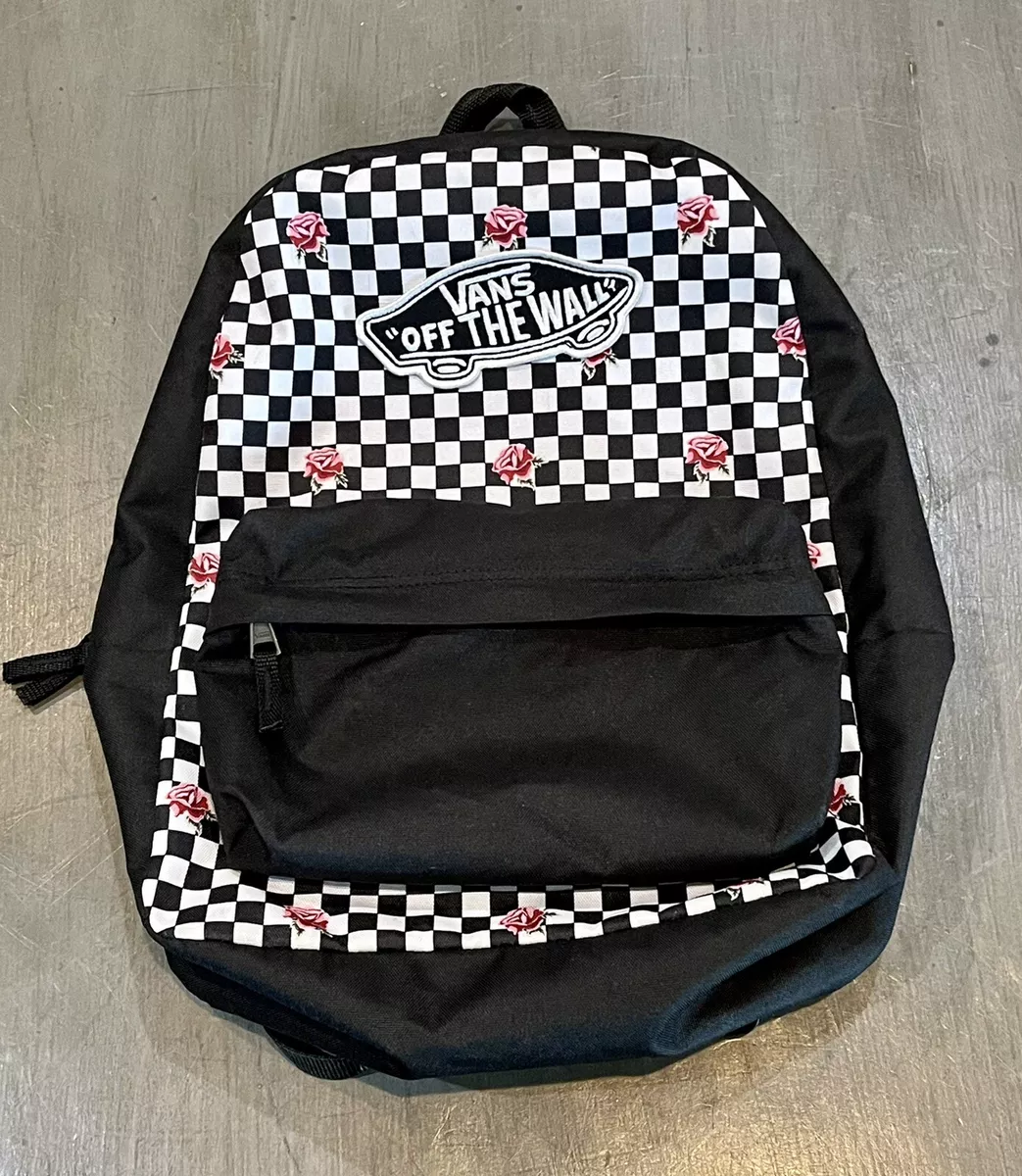 Vans Off The Wall Backpack Black Checkered Checks Roses EUC Back To School | eBay