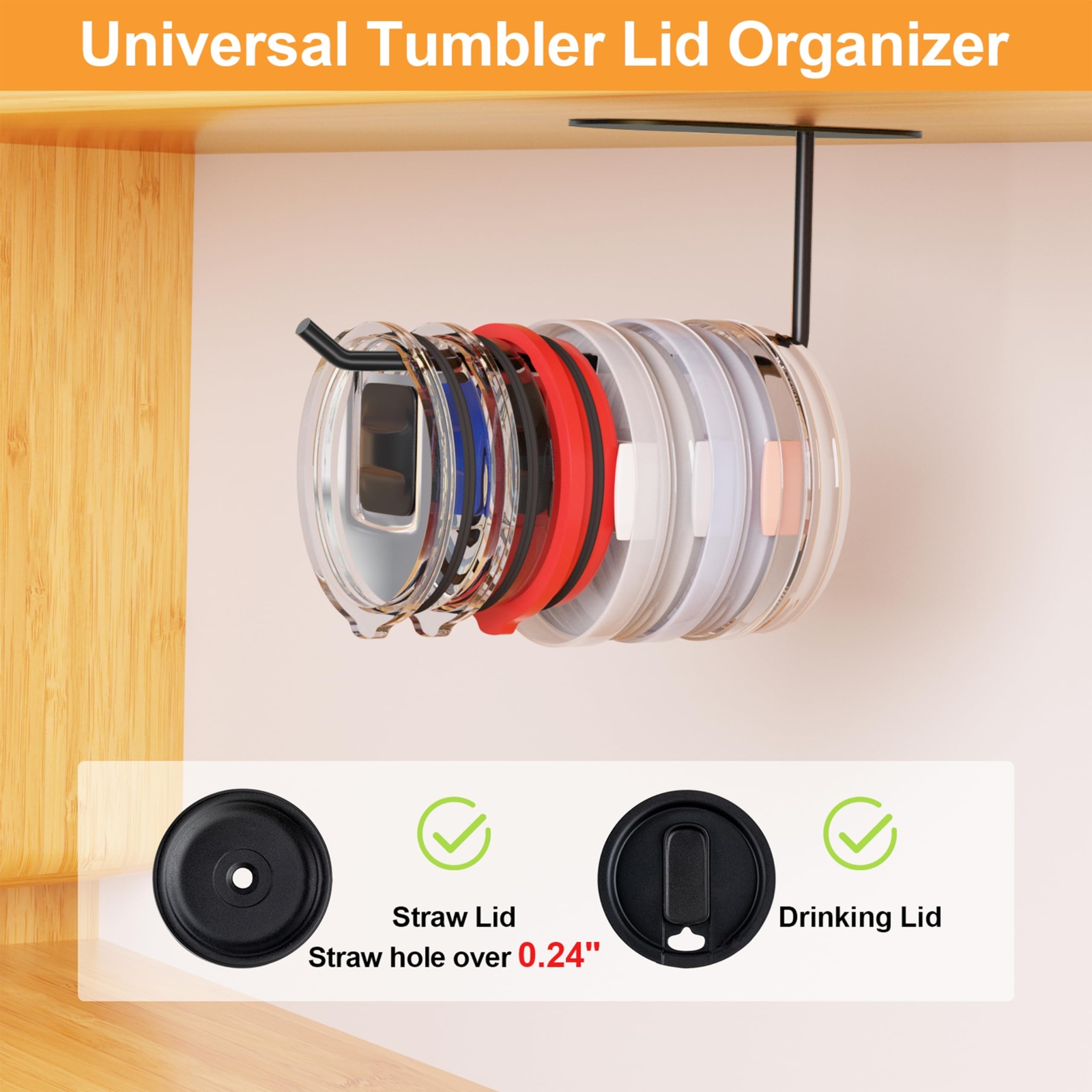 2X Tumbler Lid Organizer Horizontal Self Under Cabinet Installation Space Saving