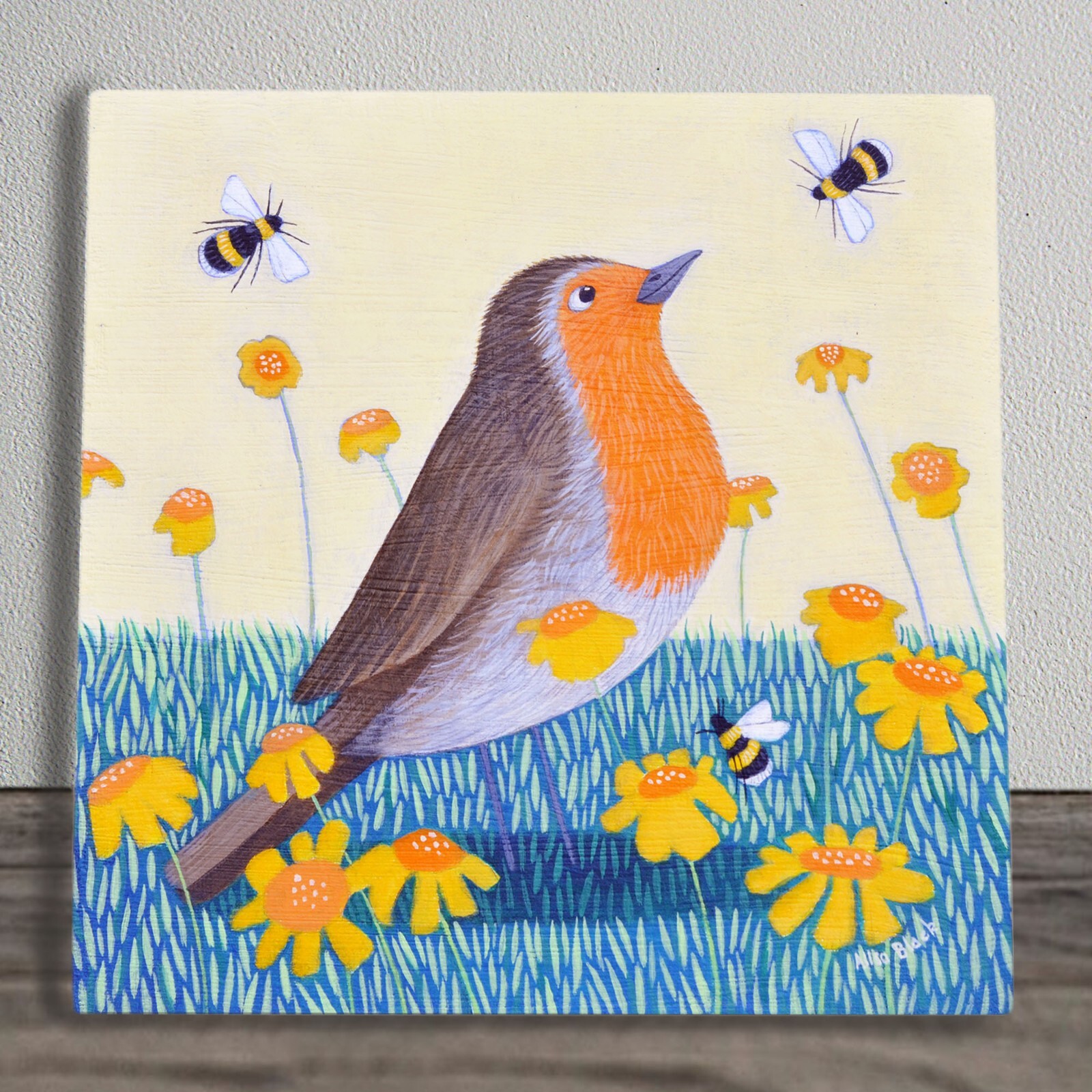 Robin & Bees Ceramic Tile Picture Plaque Sign Floral Art By Alisa Black 20x20cm