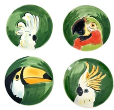 Pottery Barn Parrot Plates Salad Lunch Toucan Cockatiel Birds Set of 4-Crackles