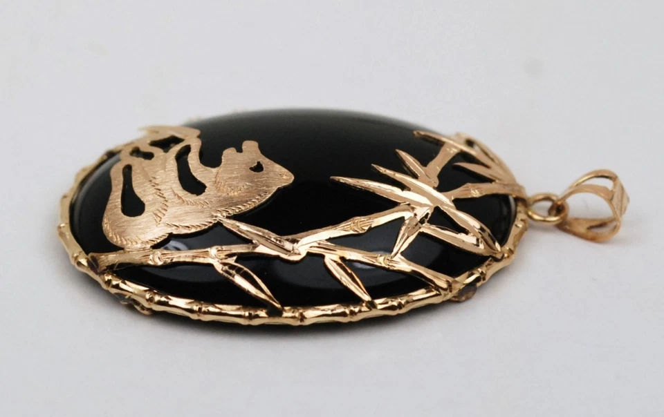 14K GOLD LARGE HEAVY SMOKEY QUARTZ PANDA BEAR & BAMBOO TREE DESIGN PENDANT - Image 3 of 3