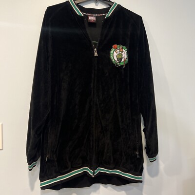 Vintage Celtics Patch Logo UNK NBA Velour Track Jacket 3XL Black Green Full Zip