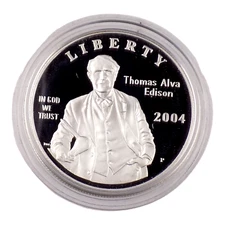 2004 THOMAS ALVA EDISON COMMEMORATIVE UNC SILVER DOLLAR W/ CASE/BOX #8091