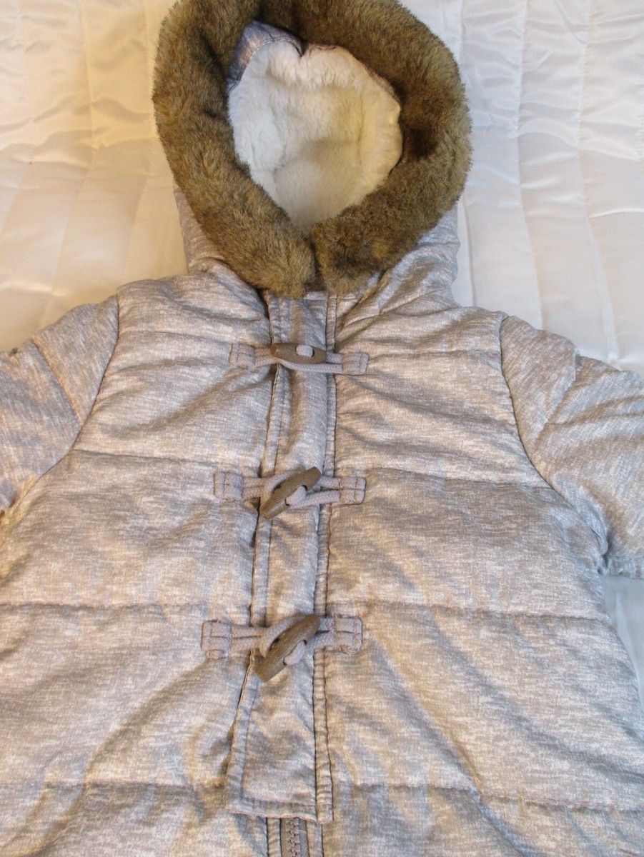 Oshkosh Puffer Pram Suit Baby 6/9 Month Gray Full Zip Faux Fur
