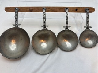 Tin Woodsman Handcrafted Celtic Design Pewter Measuring Cups Set Hanging Wood