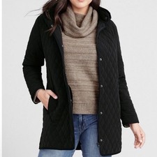 Garnet Hill Quilted Car Coat Sz 6 Black Removable Hood Utility Jacket Neutral