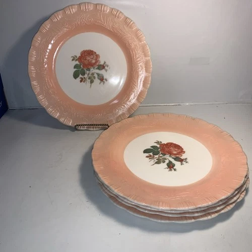 5 MCM  Luncheon Milk Glass Crinoline Pink 9.5" Lunch Plates Pink Border w/ Rose