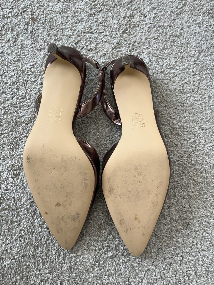 Mujer Bronce Metálico Pintado Puntera Eslinga Trasera Tacones Altos Cuero Talla 8.5 38.5 Foto 4 de 4