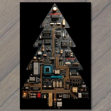 Art Print Circuit Board Christmas Tree Tech Cyberpunk Electronic Black Gold Futu