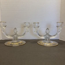Set 2 Double Arm Candlestick Holders Gold Tone Etched Prelude? Viking? Vintage