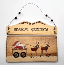 VTG Handmade Christmas Wooden Wall Plaque Folk Art Santa Reindeer Sleigh Sign