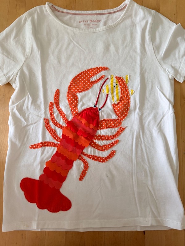 Mini Boden Lobster and Starfish applique White T-shirt. Sz 9-10 years