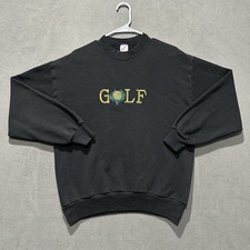 Vintage Jerzees Sweatshirt Men Large Black Golf Embroidered Crewneck Made In USA