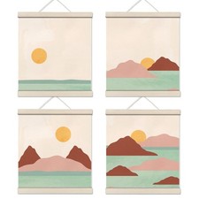 4Pack Boho Mountain Wall Art Prints - Minimalist Landscape Hanging Scrolls Decor