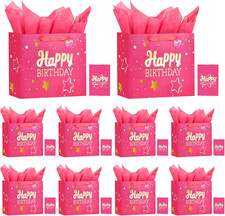 13" Pink Happy Birthday Gift Bag with Tissue Paper and Greeting Card for Party,H