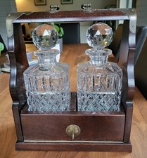 Vintage Wooden Tantalus with Two Cut Crystal Decanters & Key