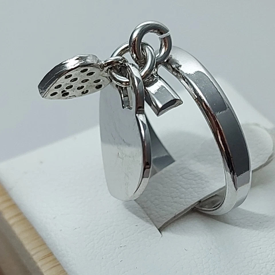 Anello argento 925 donna rodiato due cuori pendenti che si muovono pietre liscio - Immagine 4 di 4