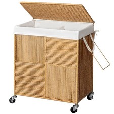 WOWLIVE Double Laundry Hamper with Lid, Handwoven Rolling Laundry Basket with...