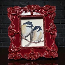 Black-Capped Chickadees mini watercolor bird print in vintage style ornate frame