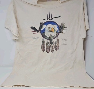 Vintage XL Bald Eagle Master Of The Sky Nature Feathers Biege Single Stich...