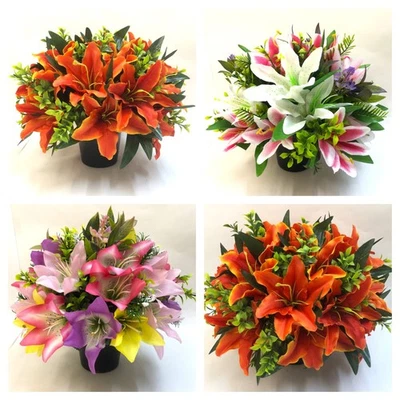 MARIEJYANESGIFTS Flor Artificial Tumba Maceta Lirios y Verdedura Hecha a Mano