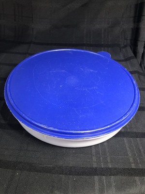 Vintage Tupperware 12'' Clear Round Storage Container Carrier Blue Lid #4889