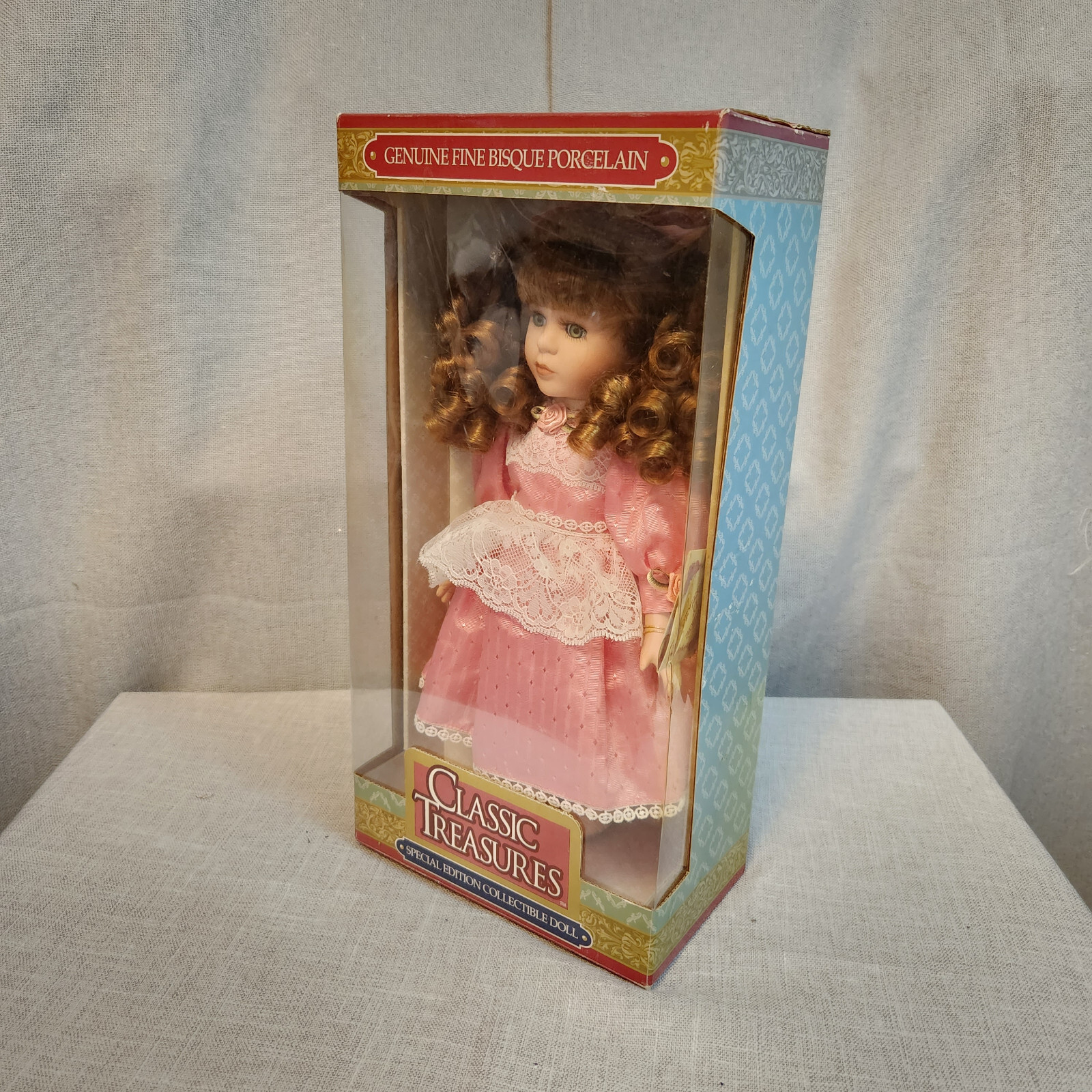 Vintage Classic Treasures Porcelain Doll Red Hair Green Eyes Pink Dress