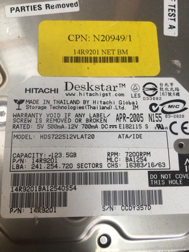 14R9201 HITACHI HDS722512VLAT20 , 123GB IDE Hard Disk , 3.5", == Test-PASS - Picture 2 of 4