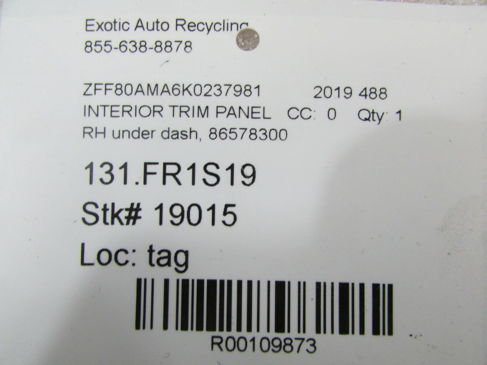 Ferrari 488, RH, Right Under Dash Trim Panel, Used, P/N 86578300