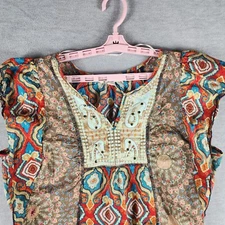 Unity World WearWoman Top L Multicolor Mix AOP Sleeveless BOHO Stud Accent EUC