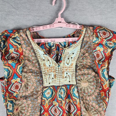 Unity World WearWoman Top L Multicolor Mix AOP Sleeveless BOHO Stud Accent EUC