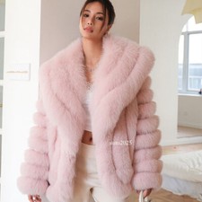 Pink Women Genuine Fox Fur Coat Big Lapel Winter Real Fur Outwear Fashion Jacket