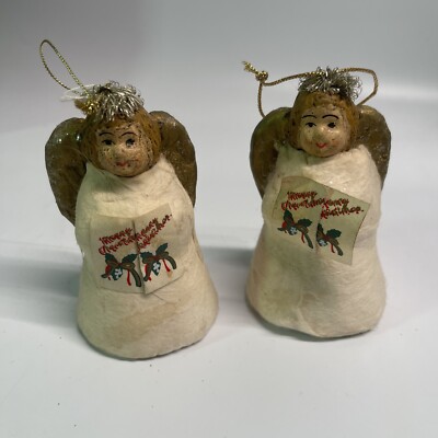 Hand Painted Artist Made Teena Flanner Paper Mache Angel Cotton Set Of 2