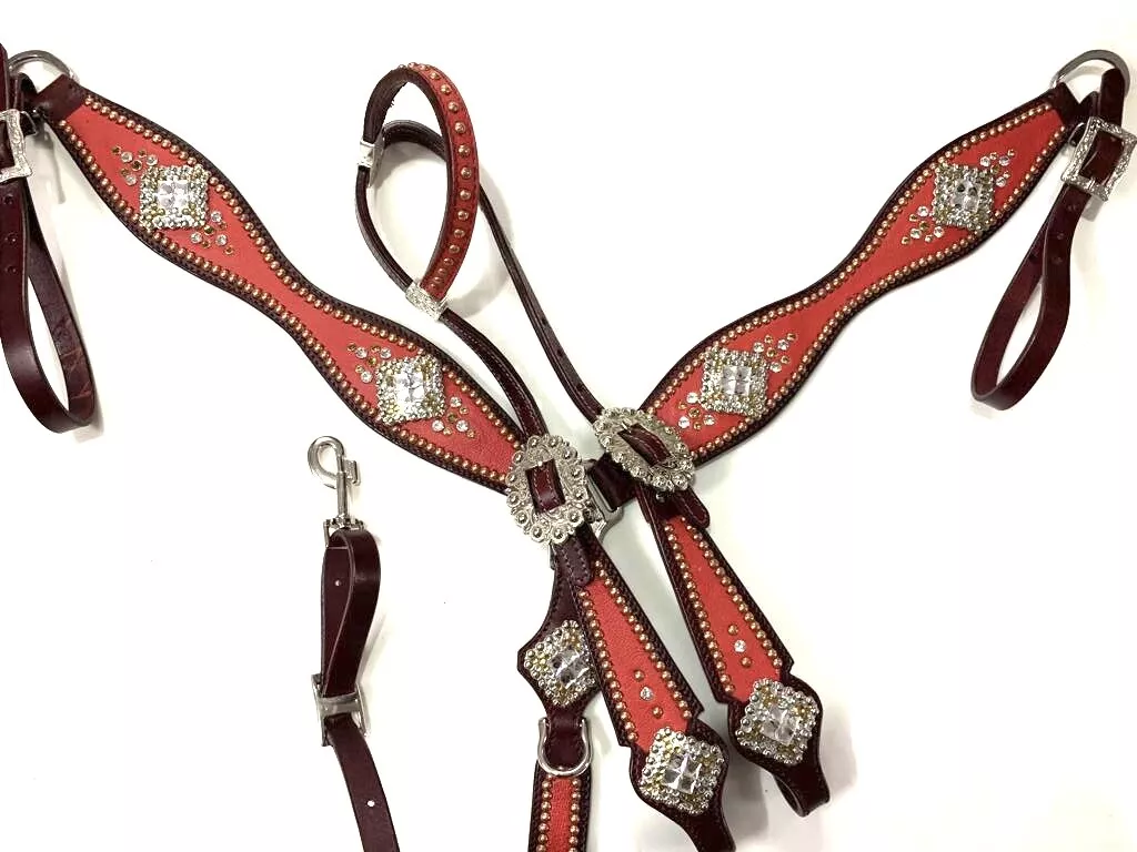 Western Leather Tack Set of headstall and Breast Collar with Red Overlay