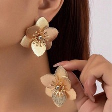 Metal Flower Stud Earrings Matte Double Petal Layer for Women Gift